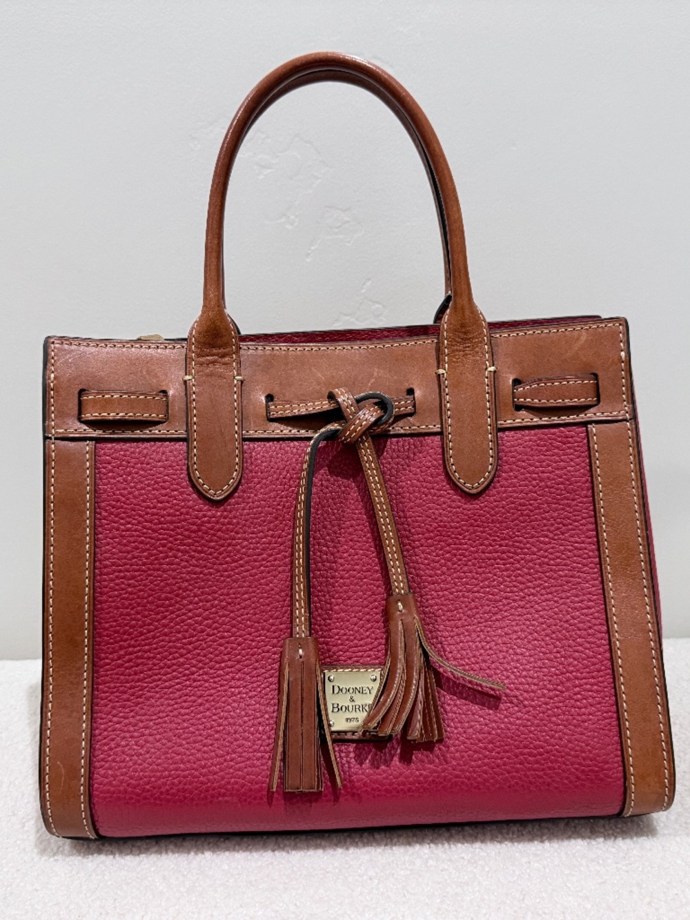 Dooney & Bourke Raspberry Pebbled Leather Satchel with Tan Trim & Tassels